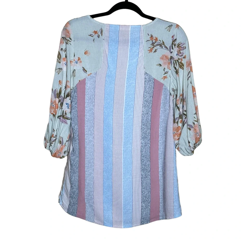 Oddy‎ Blouse Womens Small Multicolor Striped Floral 3/4 Sleeves